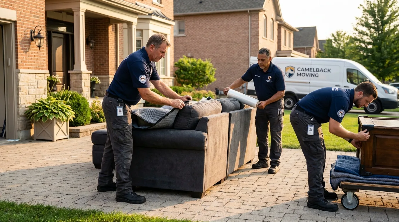 Large estate moving crew wrapping furniture in West Newbury, MA