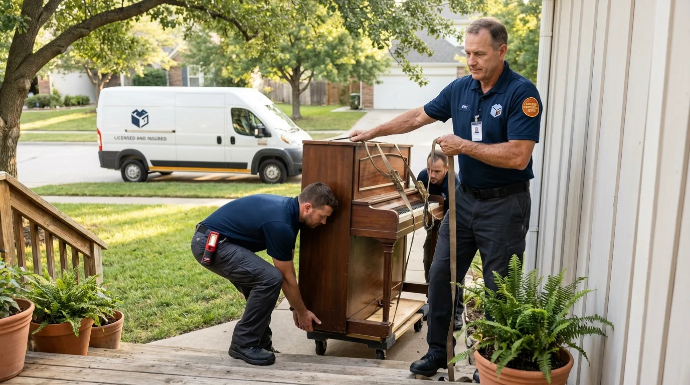 Licensed piano movers securing grand piano in West Newbury, MA