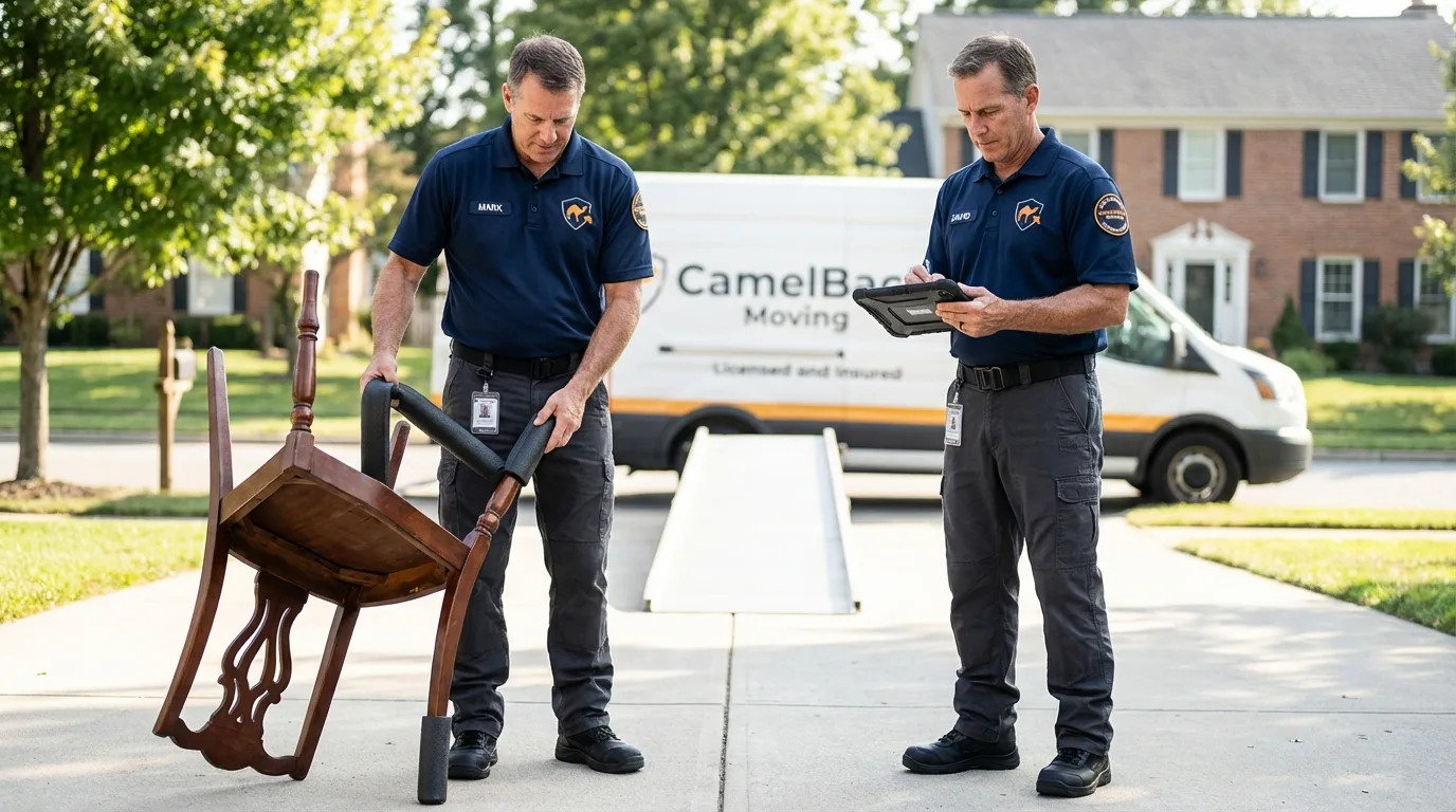 Movers inspecting furniture for damage prevention before loading in West Newbury, MA