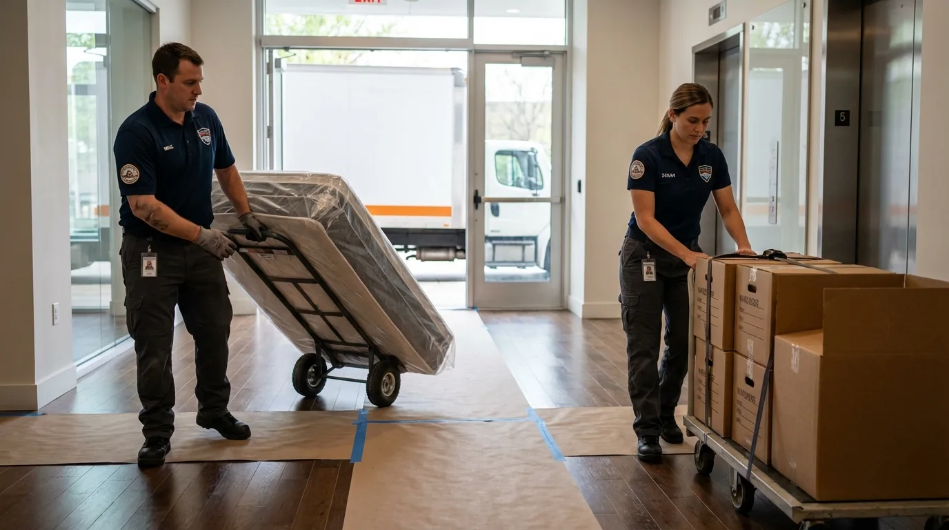 Professional apartment movers loading elevator in West Newbury, MA