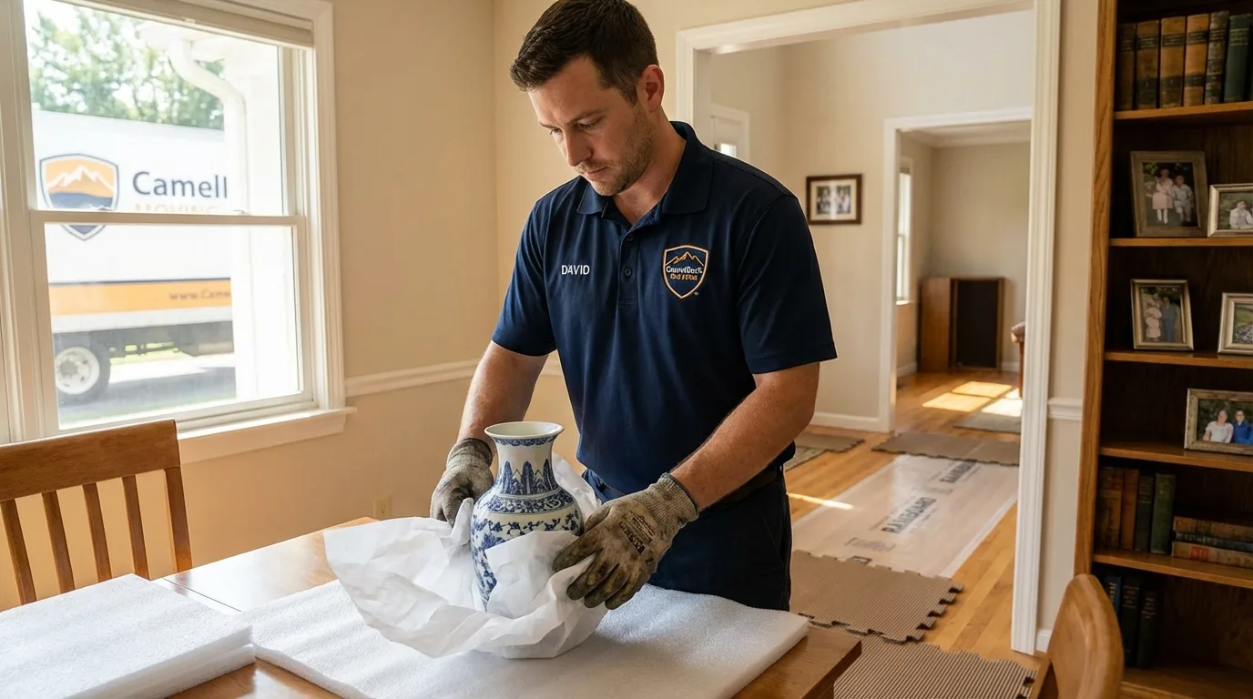 Professional crew carefully wrapping antique vase for senior downsizing move in West Newbury, MA