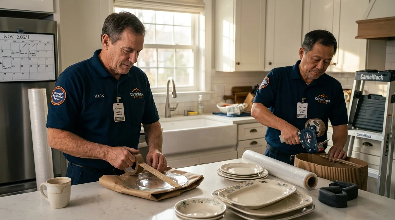 Professional crew packing kitchen dishware in West Newbury, MA